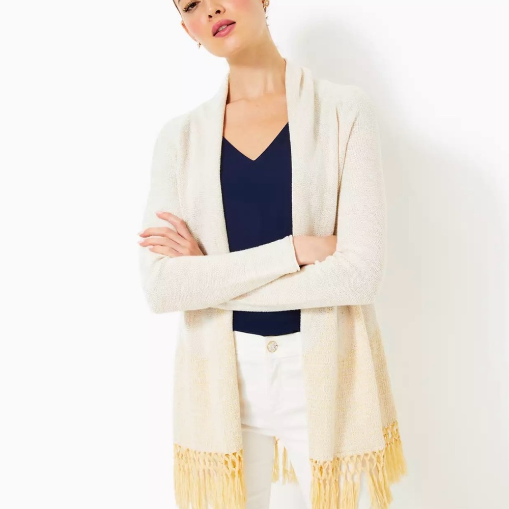 NWT Lilly Pulitzer TATUM LONG FRINGE CARDIGAN “Gold Metallic” MSRP $128 sz XXL